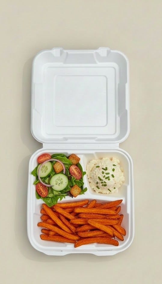 9"x9" 3-Compartment Sugarcane Bagasse Clamshell