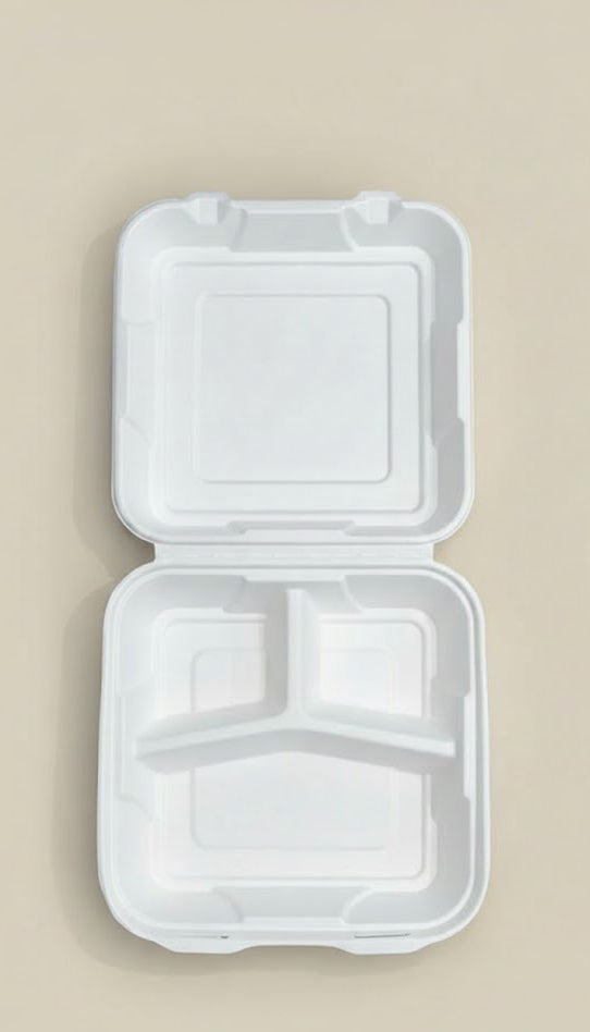 9"x9" 3-Compartment Sugarcane Bagasse Clamshell