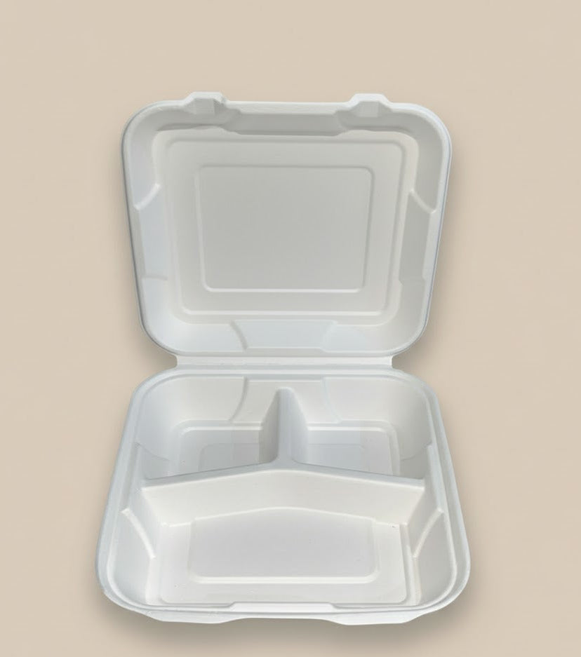 9"x9" 3-Compartment Sugarcane Bagasse Clamshell